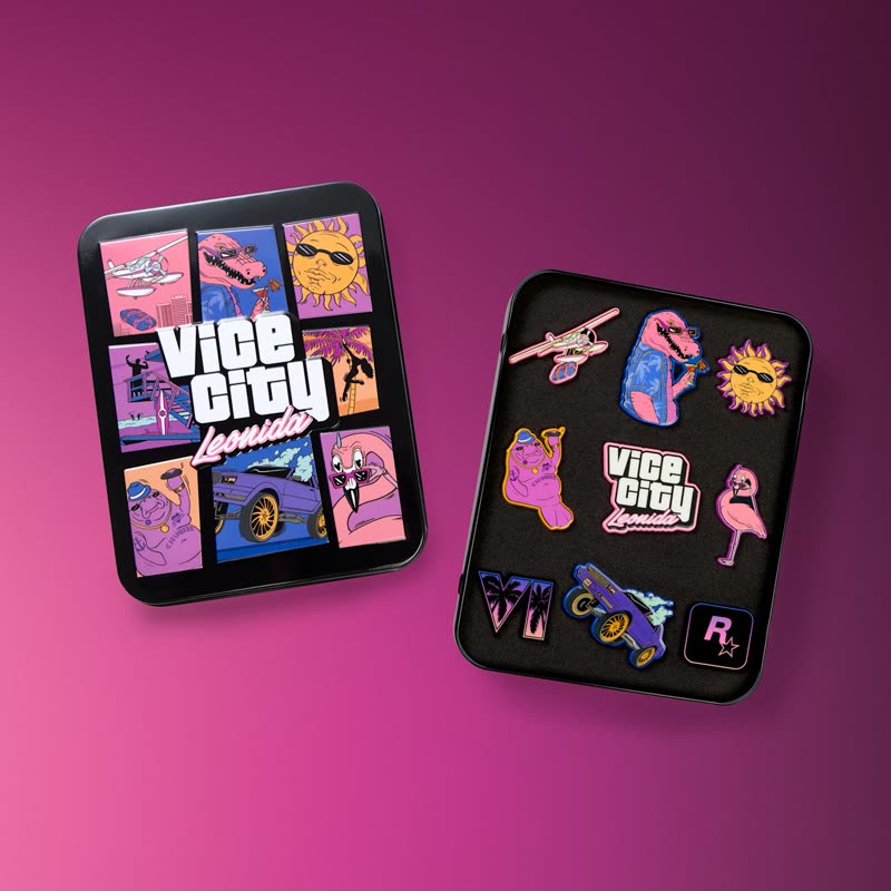 Enamel pin set in a tin