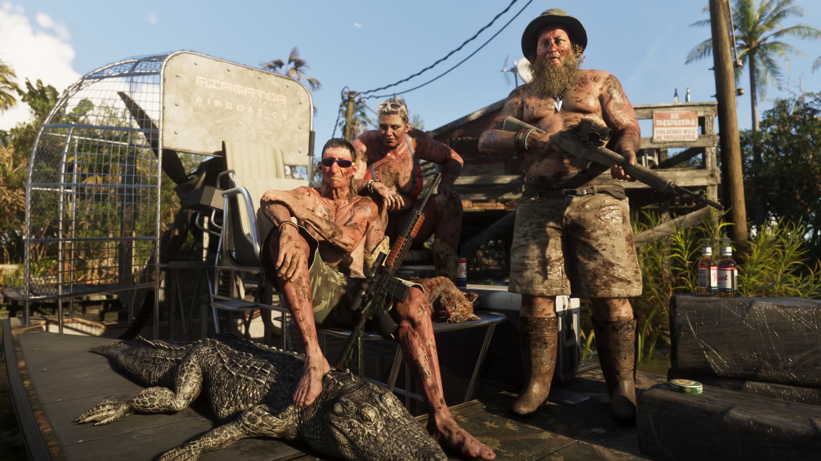 Three men pose with a captured alligator on a porch in Grassrivers
