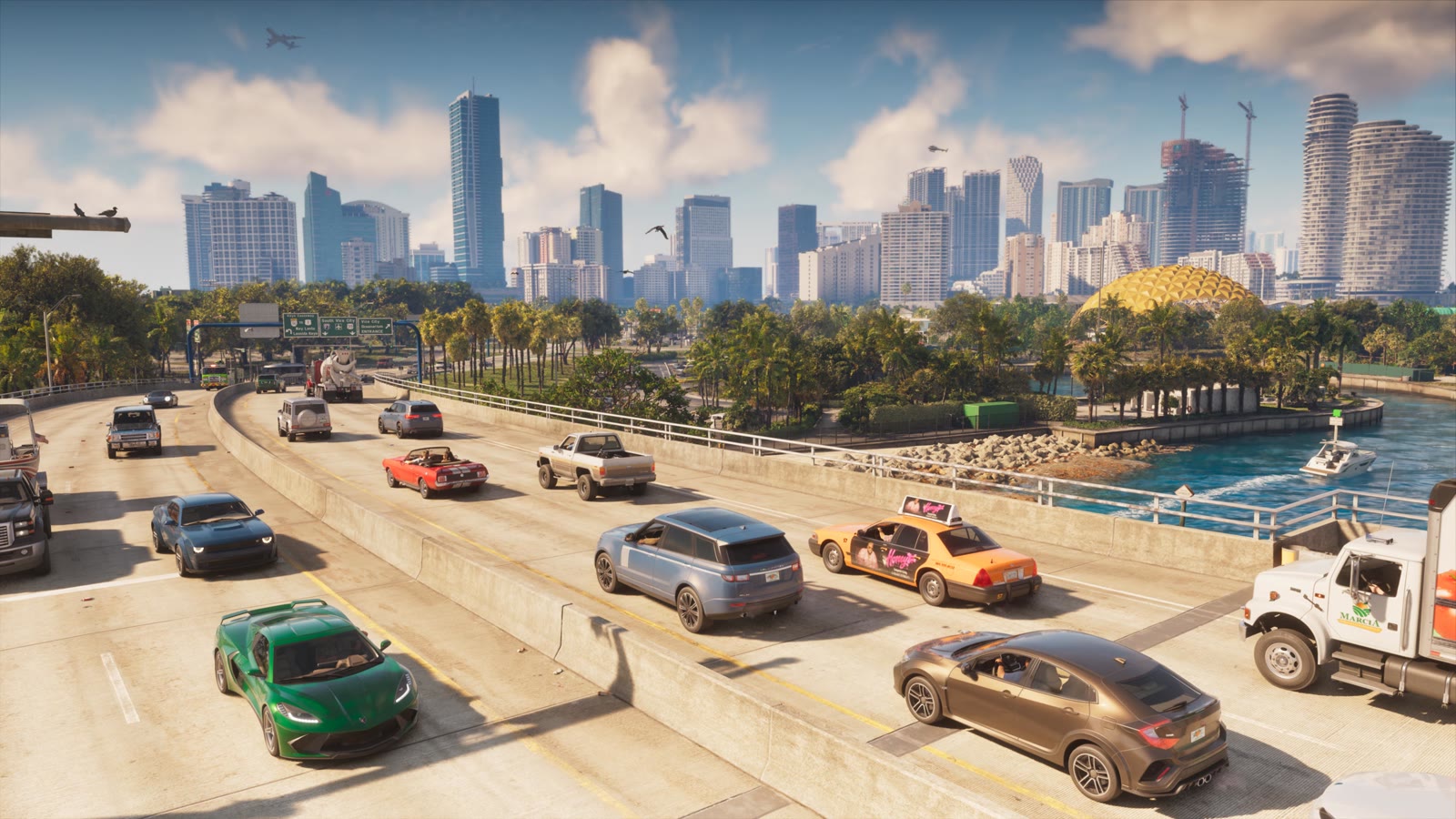 A busy highway leads into Vice City, with skyscrapers in the background