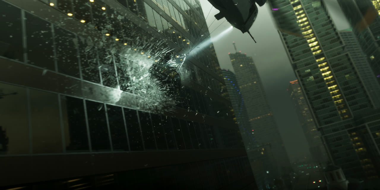 A helicopter drags a load that smashes a skyscraper's windows