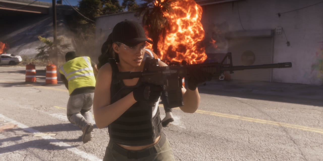 Lucia fires a rifle in the street with an explosion behind her