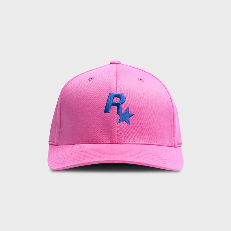 Gorra rosa con el logotipo de Rockstar en azul